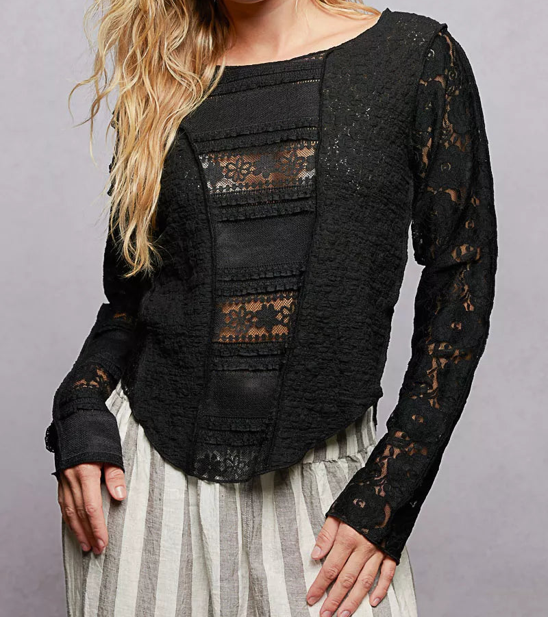 POL Lace Patchwork Top Round Neck Exposed Seam Shirt Long Sleeve Blouse Black