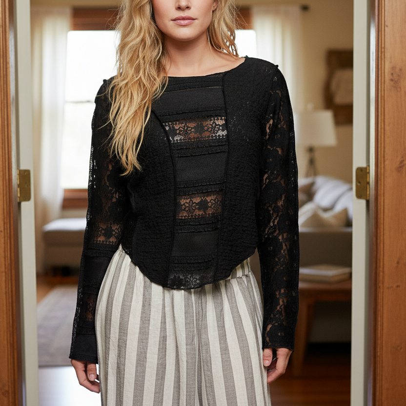POL Lace Patchwork Top Round Neck Exposed Seam Shirt Long Sleeve Blouse Black