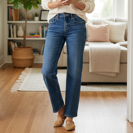 Risen Tummy Control High-Rise Frayed Waistband Straight Leg Crop Jeans Raw Hem