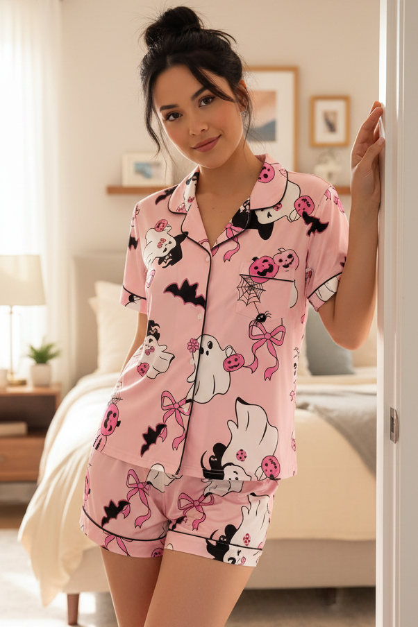 Ghost Button-Down Chest Pocket Top and Shorts Halloween Lounge Set Matching Pajamas