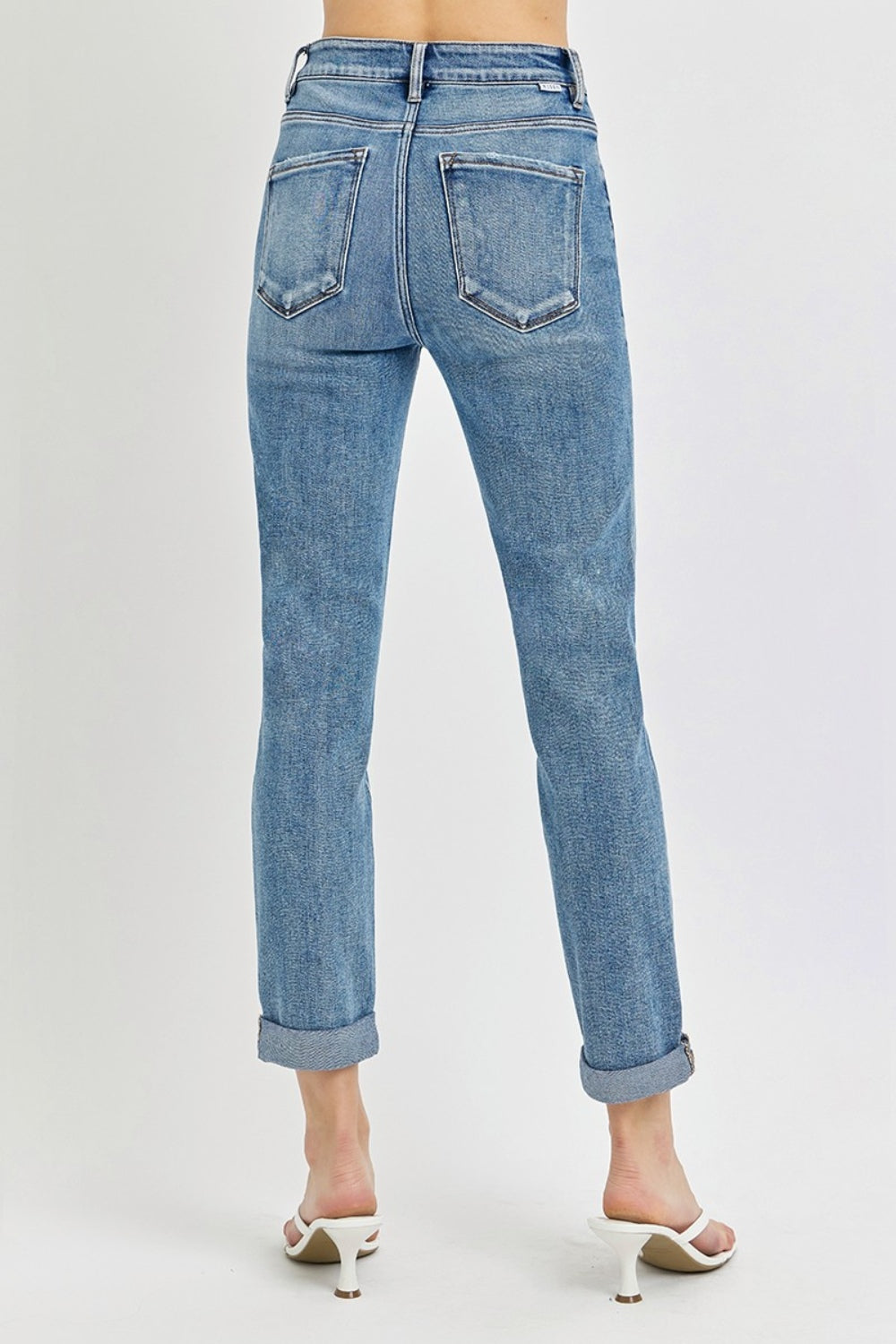 RISEN High-Rise Straight Leg Cuffed Rolled Up Cropped Hem Jeans Denim Pants