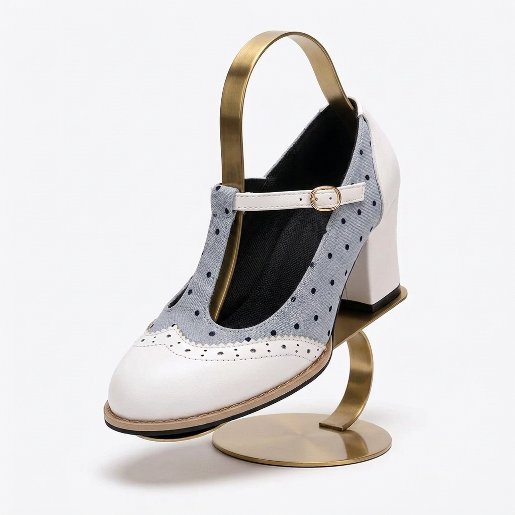 Retro Vintage Spectator T-Strap Mary Jane Pin-up Pumps Polka Dot Block Heel Shoes