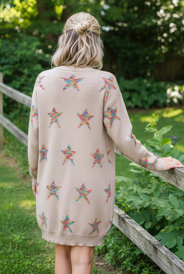Colorful Star Intarsia Open Front Longline Knit Granny Knit Patch Pocket Cardigan