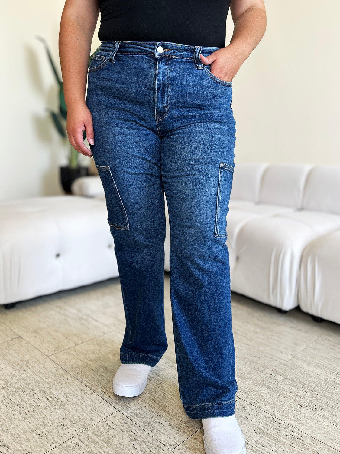 High-Rise Waist Cargo Denim Boyfriend Straight Leg Jean Pants Judy Blue