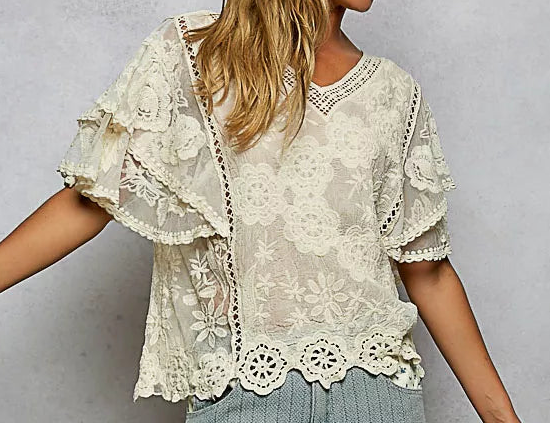 POL Floral Embroidered Flutter Sleeve Blouse Crochet Scalloped Hem Eyelet Lace Top Natural Beige