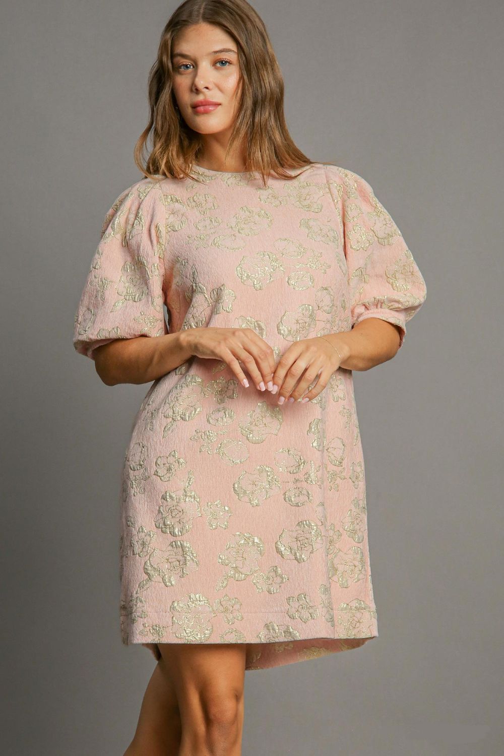 Umgee Rose Jacquard Puff Sleeve Sheath Mini Dress Textured Retro Gold Luxury on a Dime Umgee Rose Jacquard Puff Sleeve Sheath Mini Dress Textured Retro Gold Luxury on a Dime