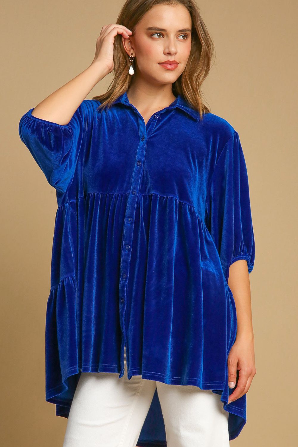 Umgee Velvet Boho Oversized Top Peplum Babydoll Tunic Shirt Tiered Velour Blouse