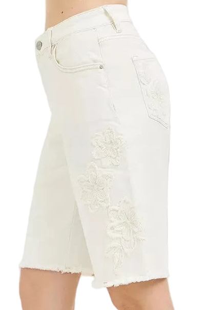 Risen Floral Embroidered Relaxed Fit Bermuda Baggy Jorts Long Denim Shorts