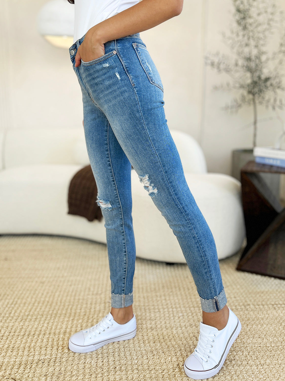 Judy Blue Mid-Rise Skinny Distressed Slim Fit Torn Jeans Cuffed Hem Denim Pants