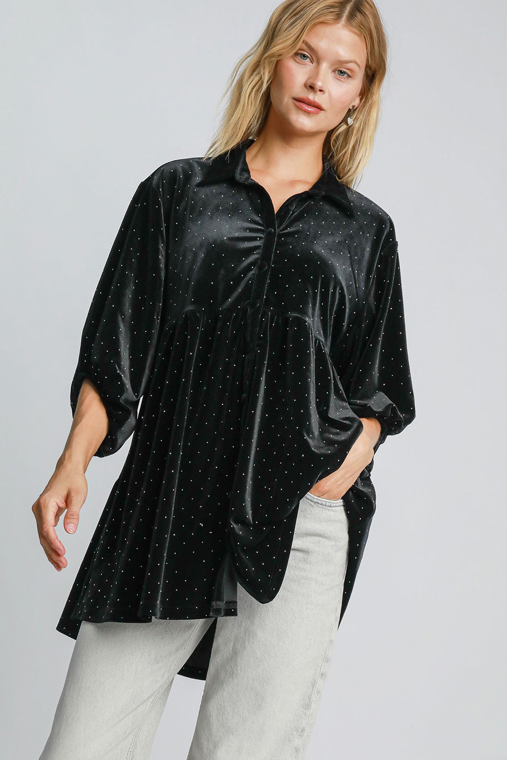 Umgee Velour Polka-dot Boho Oversized Top Peplum Babydoll Shirt Velour Blouse