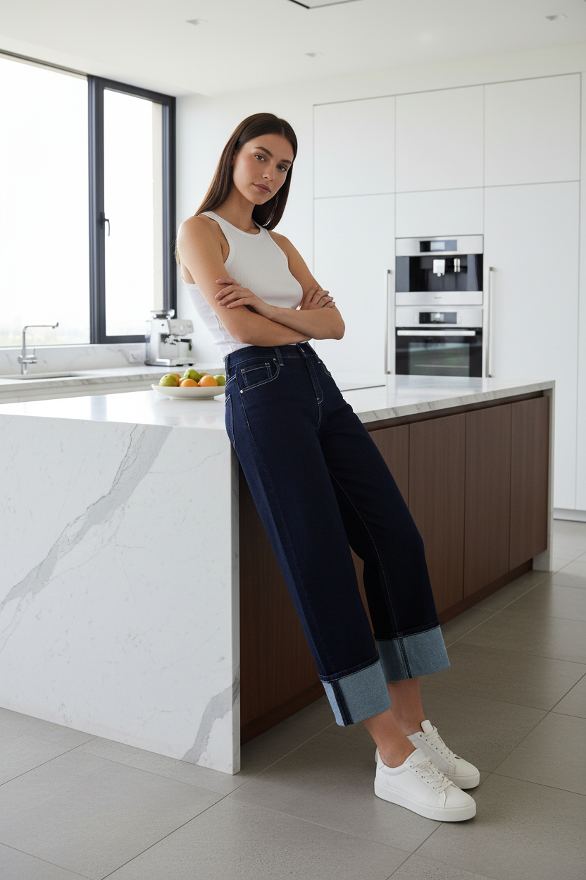 Risen High-Rise Baggy Barrel Horseshoe Cropped Wide Leg Cuffed Raw Hem Jeans