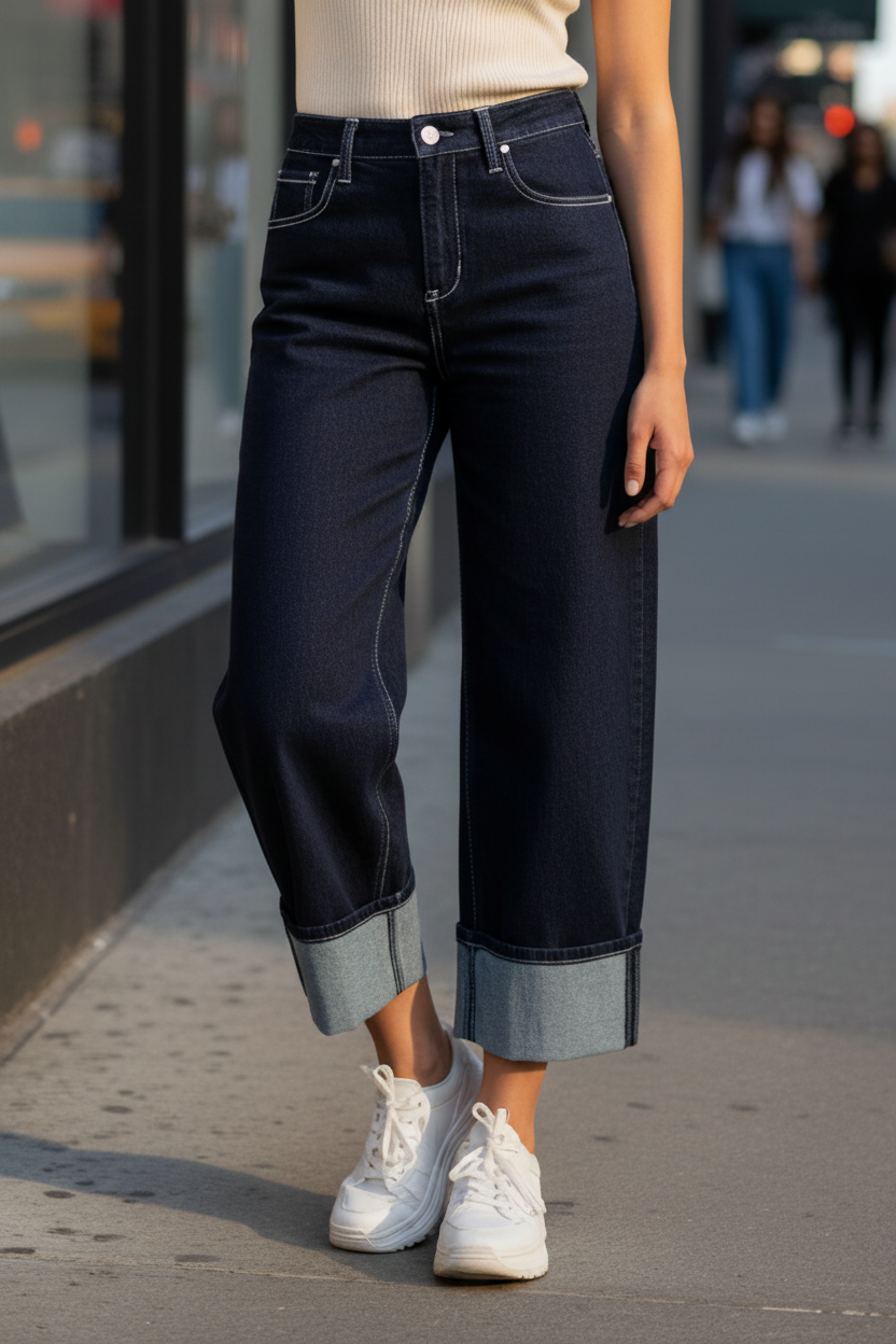 Risen High-Rise Baggy Barrel Horseshoe Cropped Wide Leg Cuffed Raw Hem Jeans