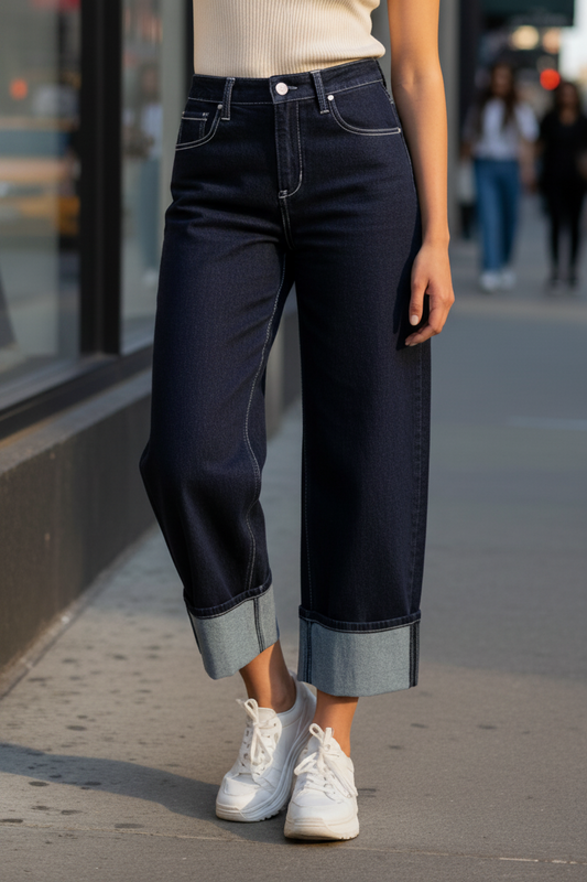 Risen High-Rise Baggy Barrel Horseshoe Cropped Wide Leg Cuffed Raw Hem Jeans