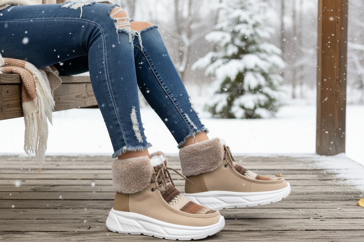 Warm Lined Ankle Boots Wide Faux Fur Cuff Lace-Up Outdoor Winter Shoes