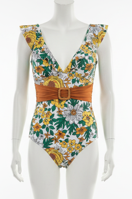 Retro Floral Ruffle Shoulder Plunge Neck Belted Swimwear One-Piece Swimsuit