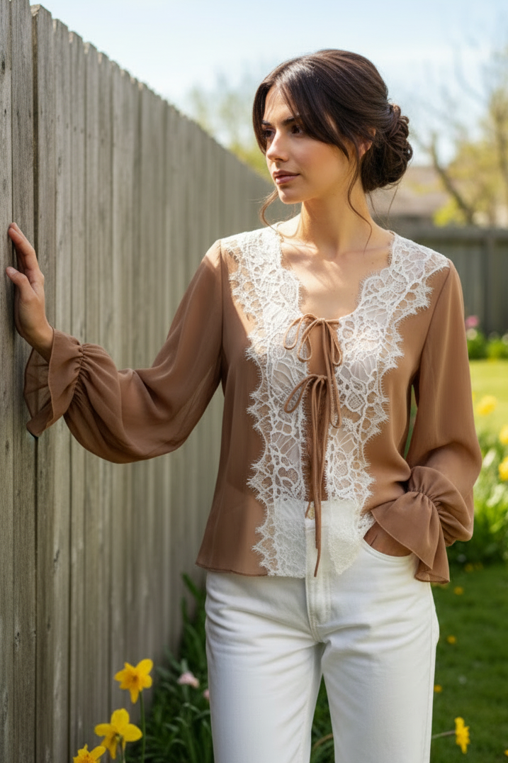 Bow Tie Front Sheer Chiffon Blouce Lace Trim Baloon Flounced Bell Cuff Sleeve