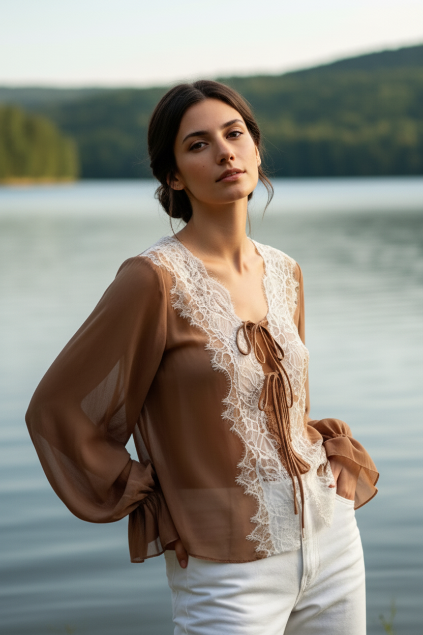 Bow Tie Front Sheer Chiffon Blouce Lace Trim Baloon Flounced Bell Cuff Sleeve