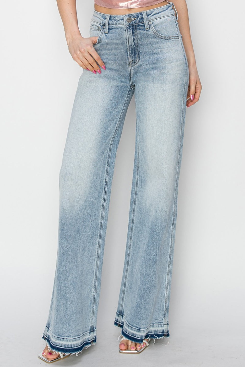 RISEN High-Rise Wide Leg Pants Distressed Contrasting Hem Boyfriend Jeans Denim