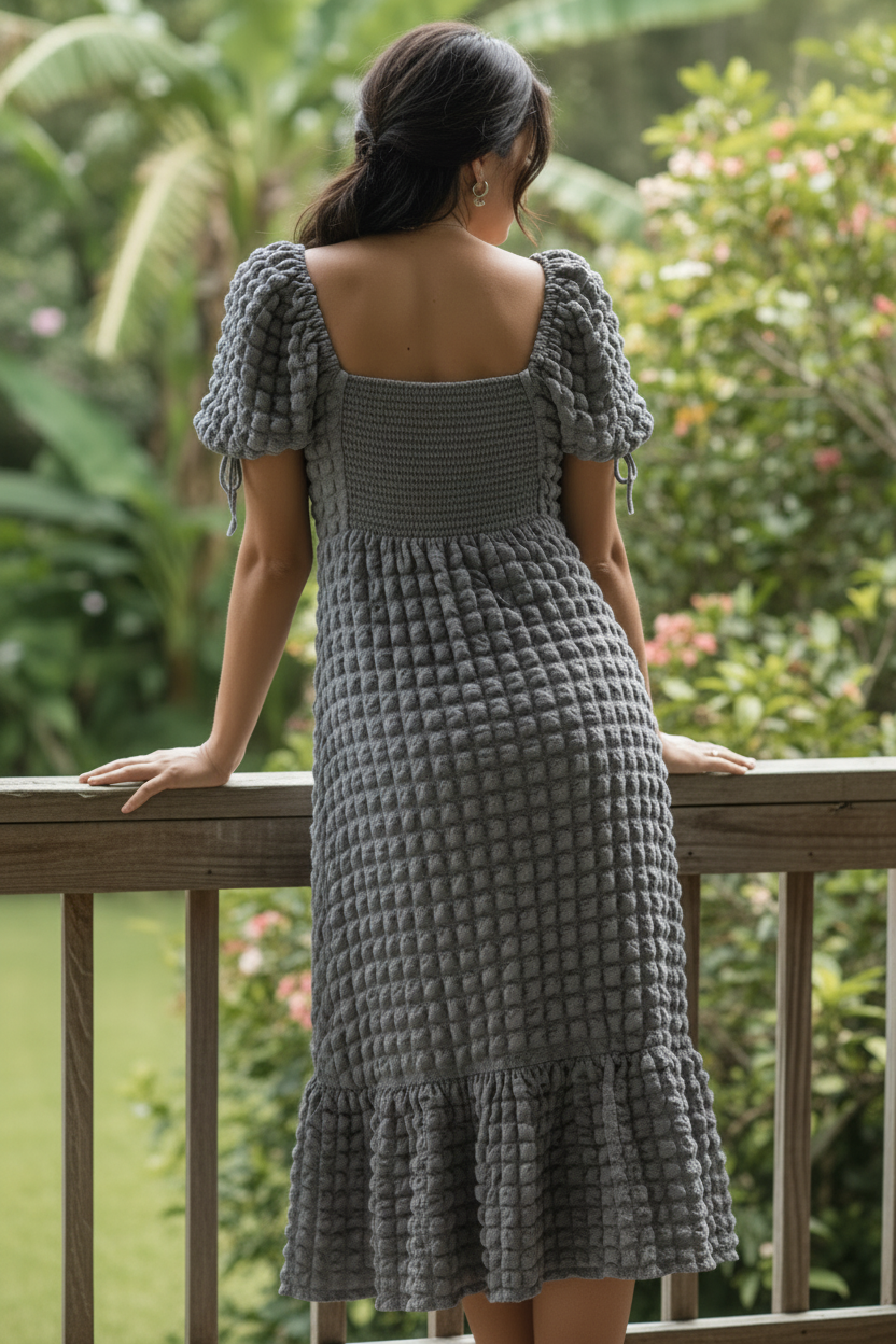 3D Popcorn Bubble Textured Sweetheart Neck Short Sleeve Smocked Back Tiered Midi Dress
