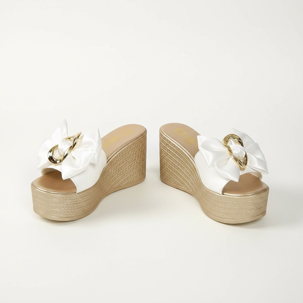 Gold Chain Oversized Bow Platform Open Toe Shoes Slip On Coquette Sandals