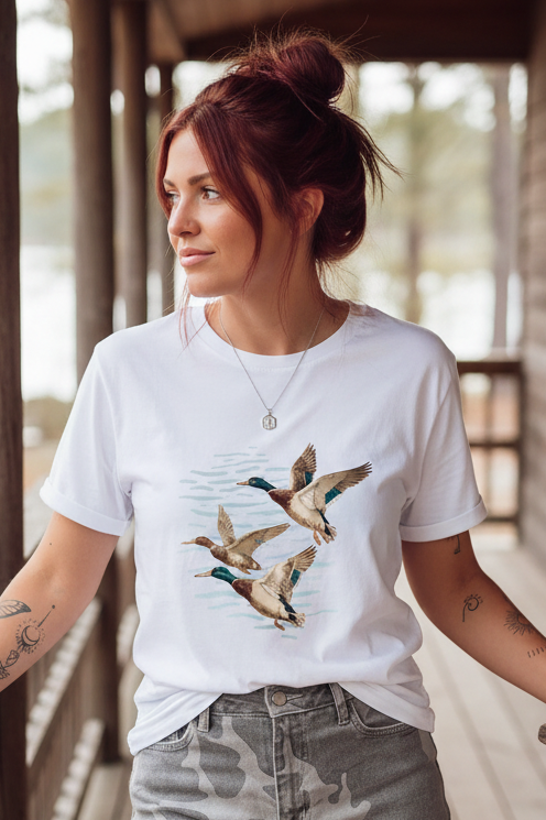 Mallard Duck Lake Country Western Wildlife Graphic Top Cuffed Sleeve T-Shirt