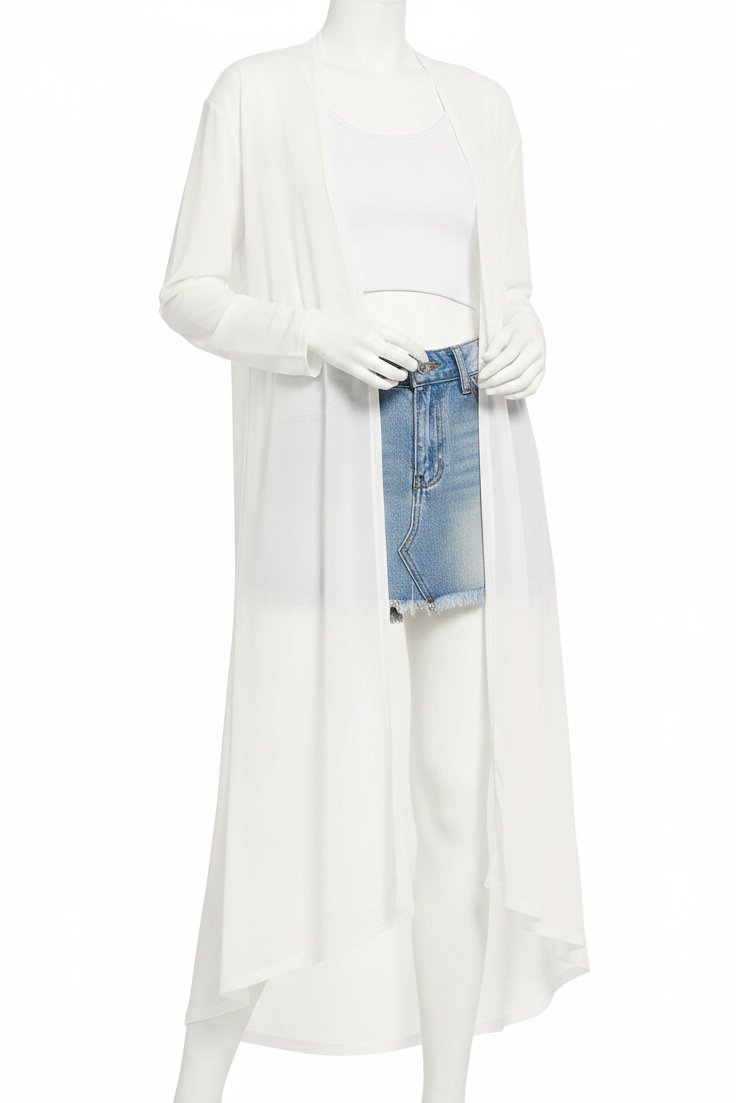 Zenana Sheer Mesh Open Front Long Sleeve Lightweight Jacket Longline Cardigan Ivory