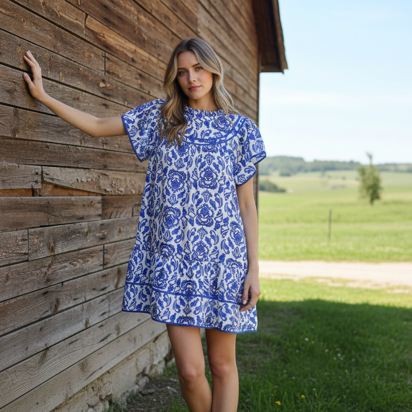Umgee Tiered Babydoll Contrast Abstract Mini Dress Ruffle Mock Neck Short Flutter Sleeves
