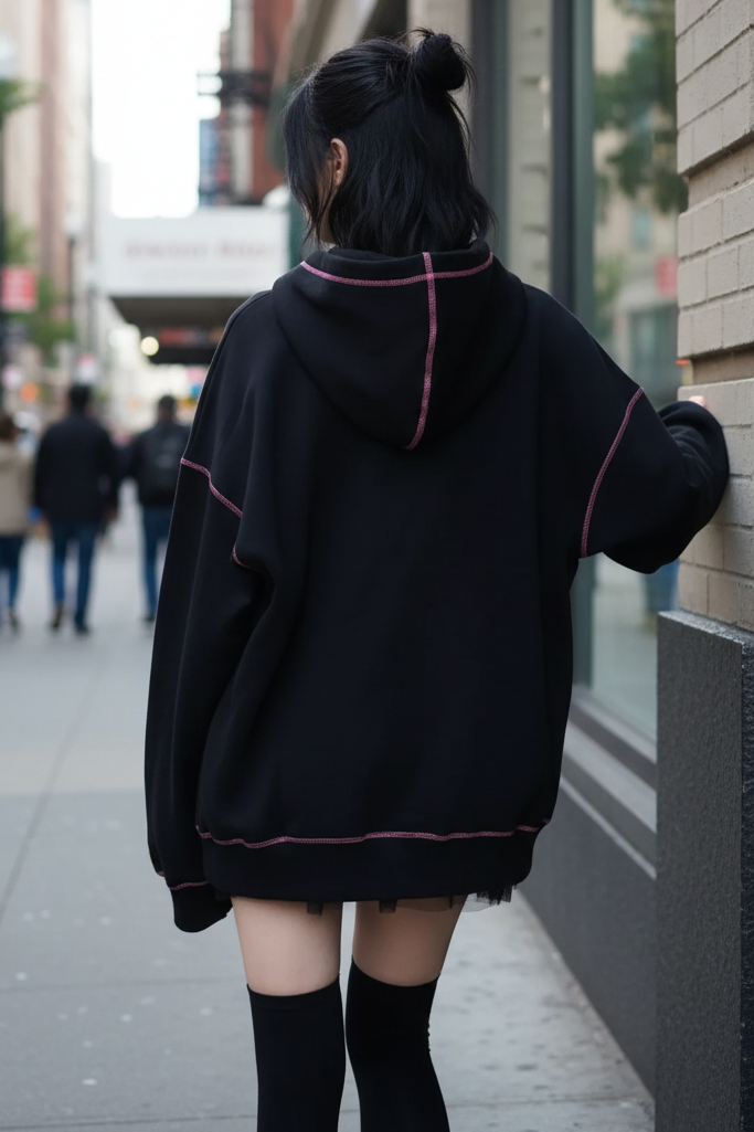 Oversized Skull Skeleton Zip-Up Contrast Stitching Hoodie Front Pocket Jacket