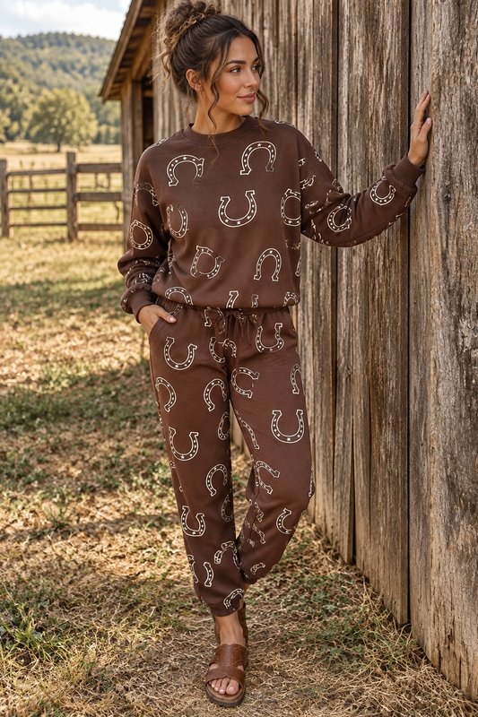 Horseshoe 2 Piece Sweatshirt Jogger Pants Set Western Equestrian Matching Outfit