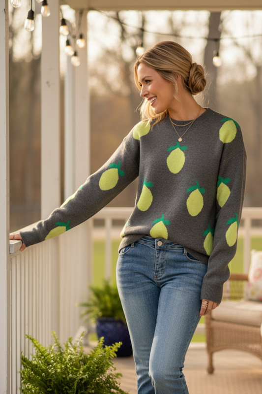 Lemon Intarsia Fruit Knit Crew Neck Long Sleeve Top Ribbed Trim Pullover Sweater
