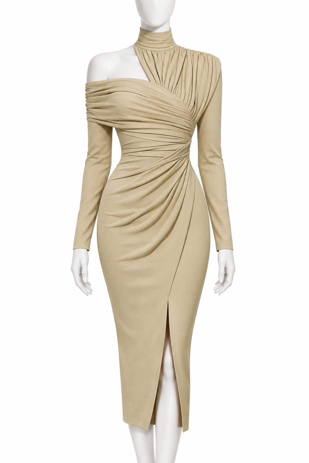 Asymmetrical One Shoulder Mock Neck Ruched Bodycon Midi Dress High Front Slit