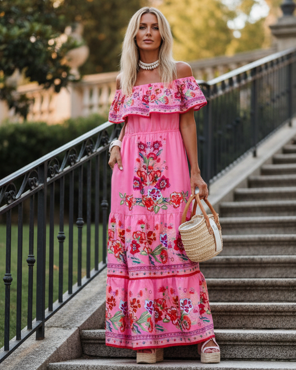 Floral Ruffle Off Shoulder Belted Elastic Waist Retro 70s Tiered Boho Maxi Dress