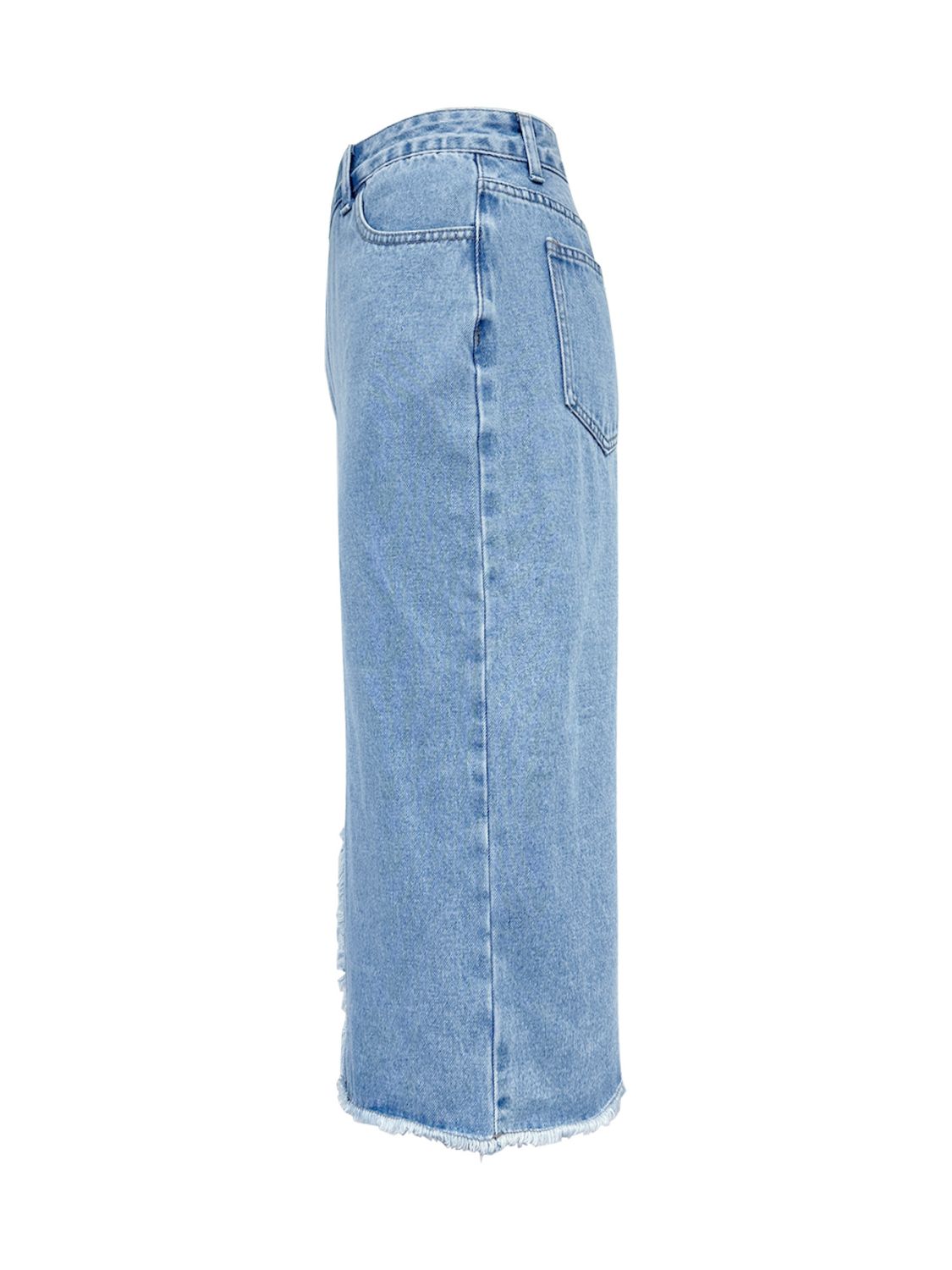 Asymmetrical High-Rise Distressed Cut Denim Frayed Retro Blue Jean Midi Skirt