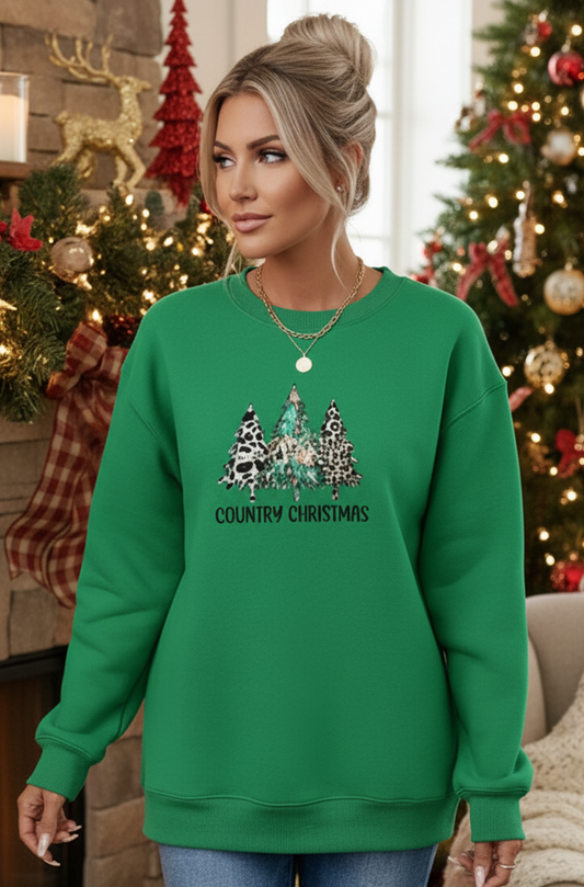 Country Christmas Animal Tree Western Cowgirl Top Crew Neck Pullover Sweatshirt