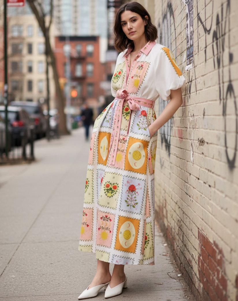 Patchwork Linen Blend Short Sleeve Belted Celestial Floral Collar Maxi Shirt Dress