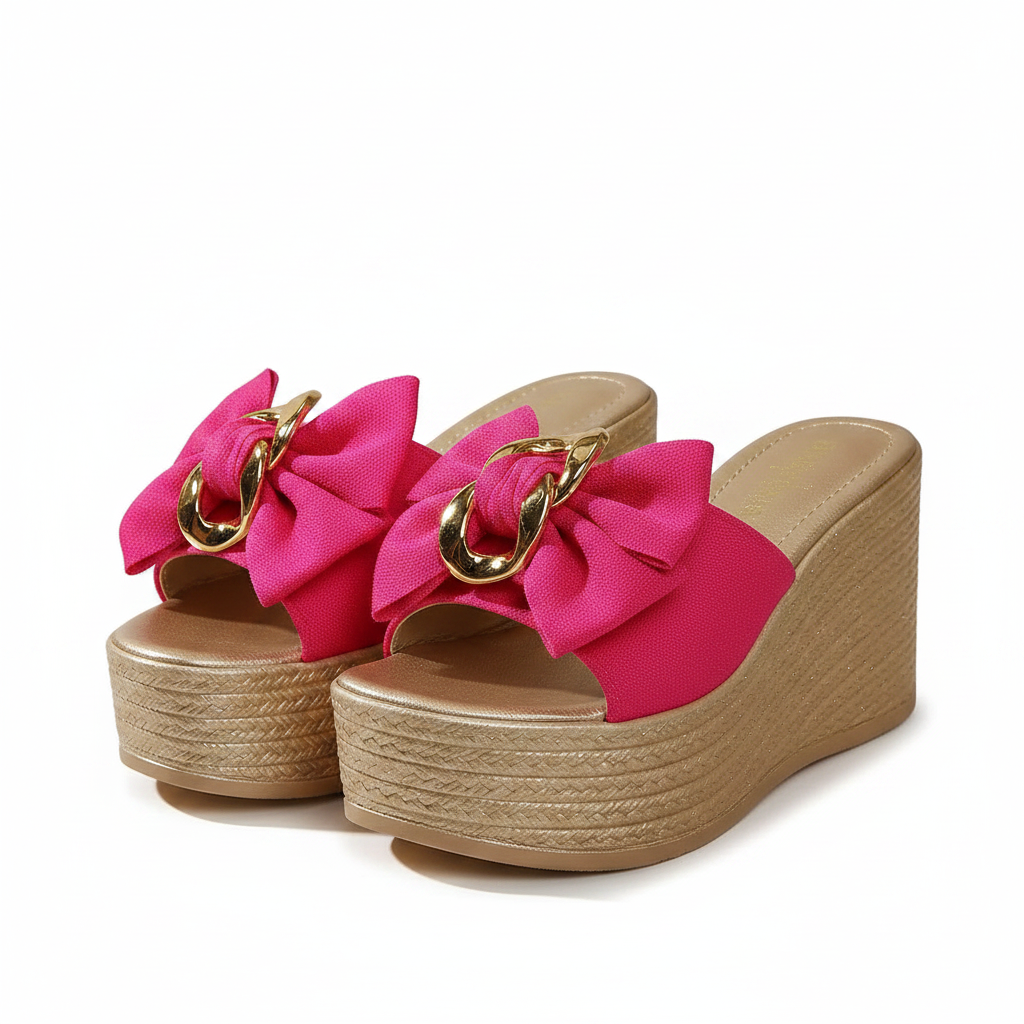 Gold Chain Oversized Bow Platform Open Toe Shoes Slip On Coquette Sandals