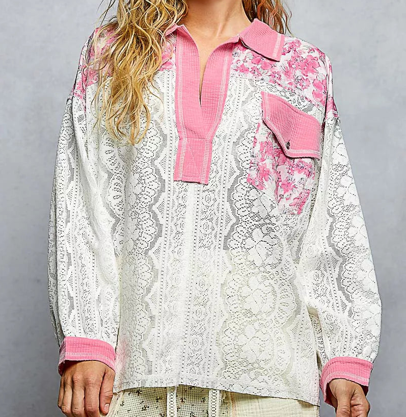POL Floral Lace Patchwork Long Sleeve Shirt Front Pocket Top Western Split Collar Blouse Pink