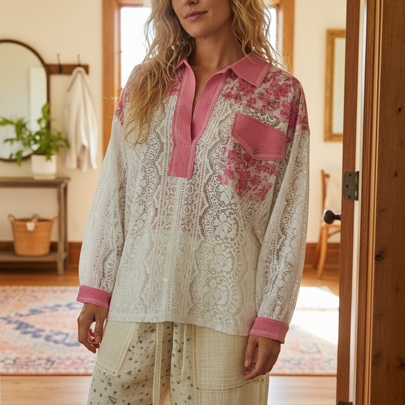 POL Floral Lace Patchwork Long Sleeve Shirt Front Pocket Top Western Split Collar Blouse Pink