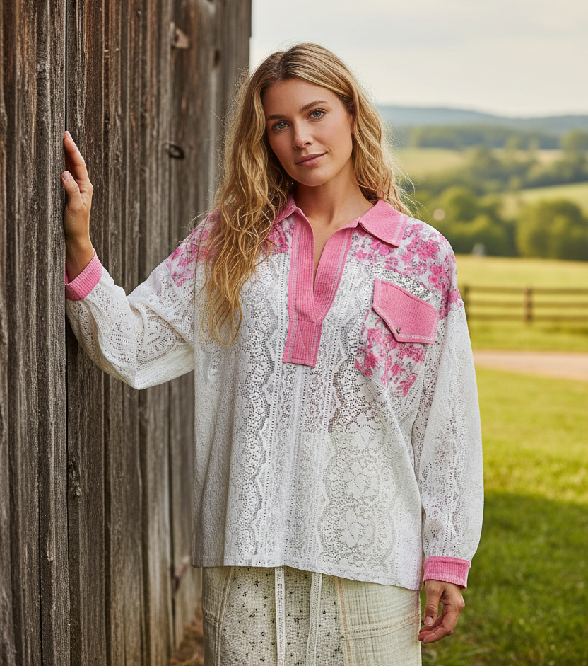 POL Floral Lace Patchwork Long Sleeve Shirt Front Pocket Top Western Split Collar Blouse Pink