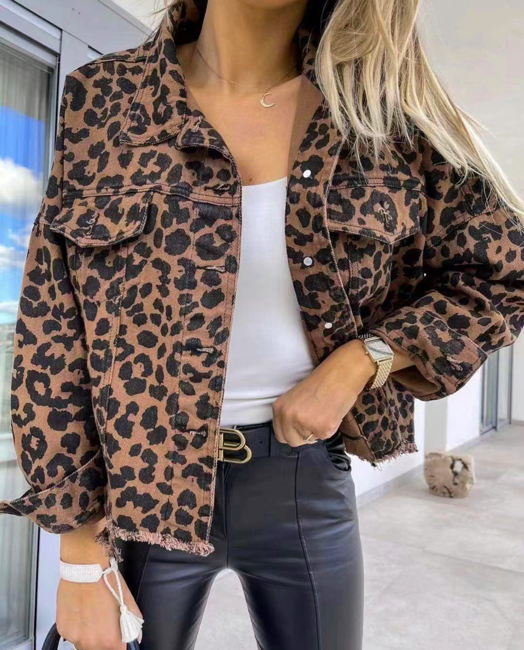 Leopard Animal Print Denim Jean Jacket Full Button Front Classic Colla Luxury on a Dime