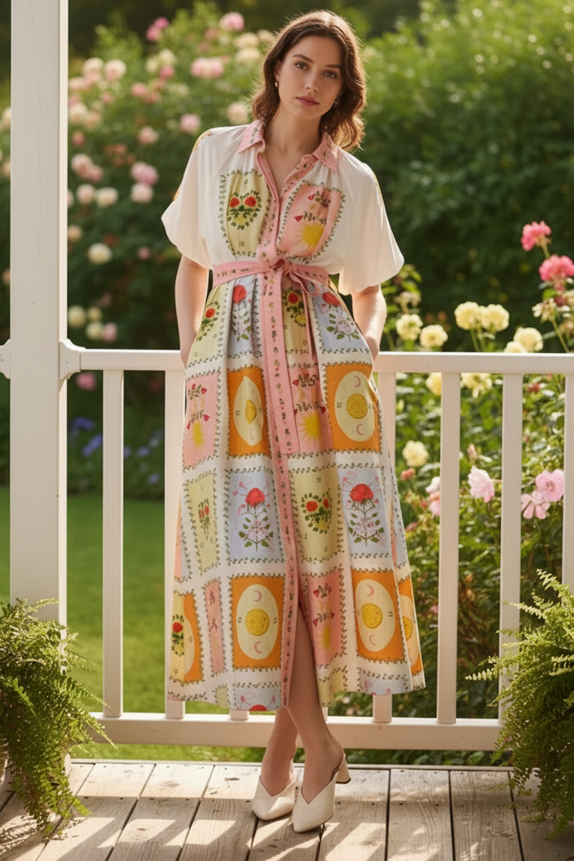 Patchwork Linen Blend Short Sleeve Belted Celestial Floral Collar Maxi Shirt Dress