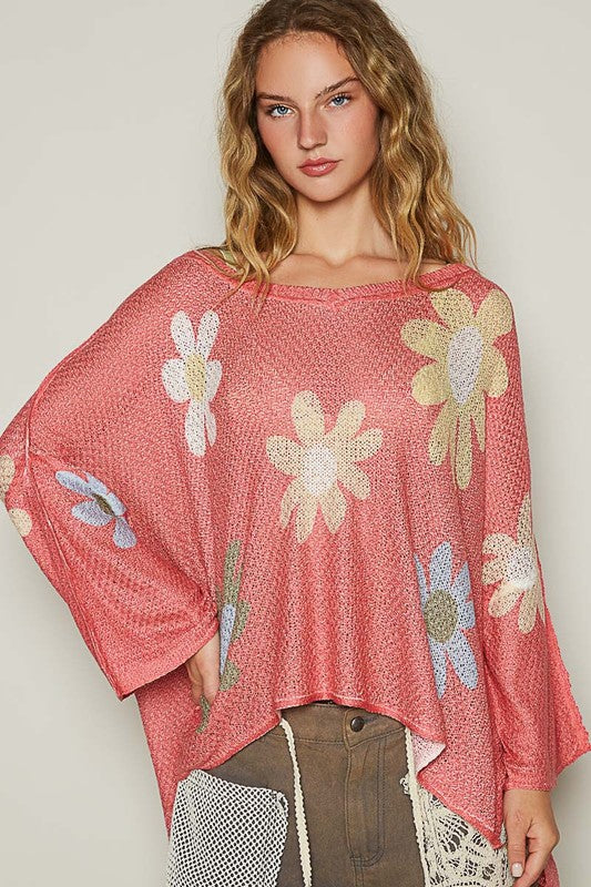 POL Daisy Retro Color Contrast Flower Top Oversized Shirt Pullover Knit Sweater