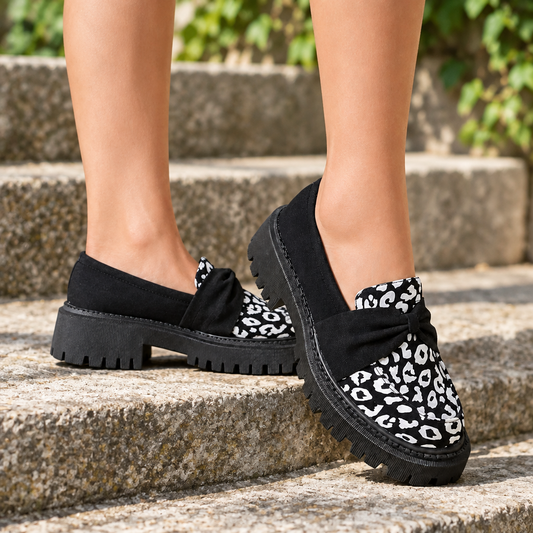 Leopard Bow Knot Top Round Toe Chunky Lug Loafers Retro Statement Slip-On Shoes