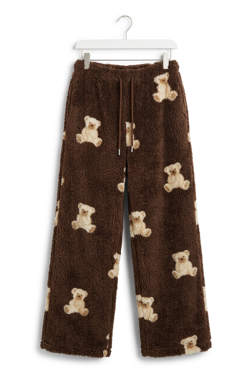 Fuzzy Teddy Bear Side Pocket Loungewear Drawstring Waist Fluffy Wide Leg Pants