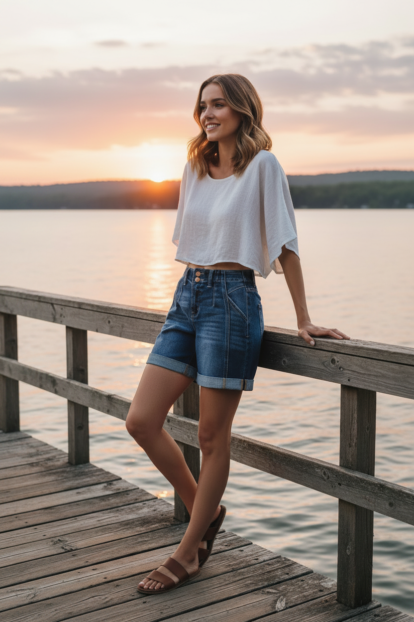 Risen High-Rise Double Button Relaxed Fit Rolled Cuffed Panel Denim Jean Shorts