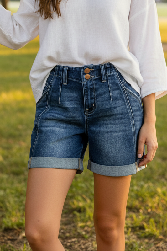 Risen High-Rise Double Button Relaxed Fit Rolled Cuffed Panel Denim Jean Shorts
