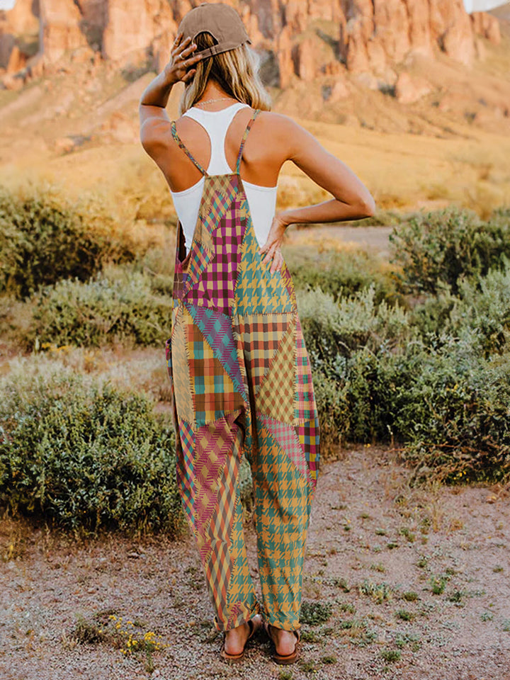 Colorful Oversized Hippie V-Neck Sleeveless Wide Leg Pant Pocket Jumpsuit Minimalist