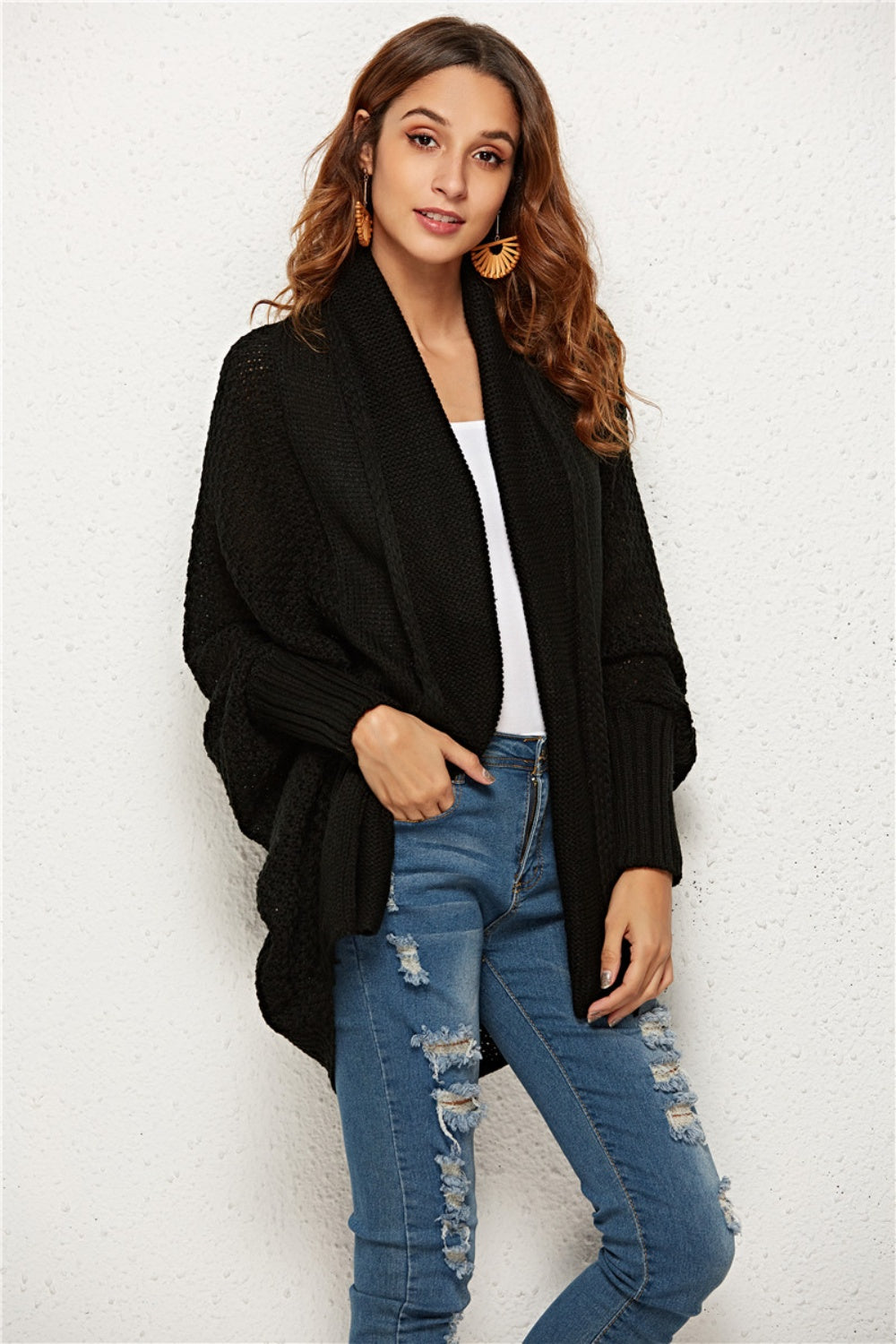 Oversized Knit Cardigan Batwing Sleeve Lightweight Baggy Open Front Sweater