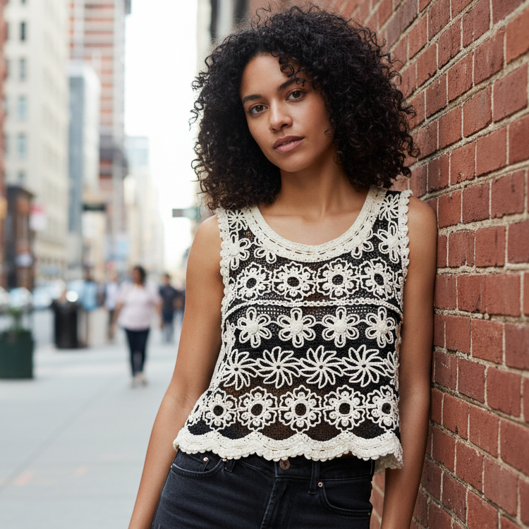 POL Crochet Openwork Floral Tank Top Round Neck Cropped Sleeveless Boho Shirt Cream Black