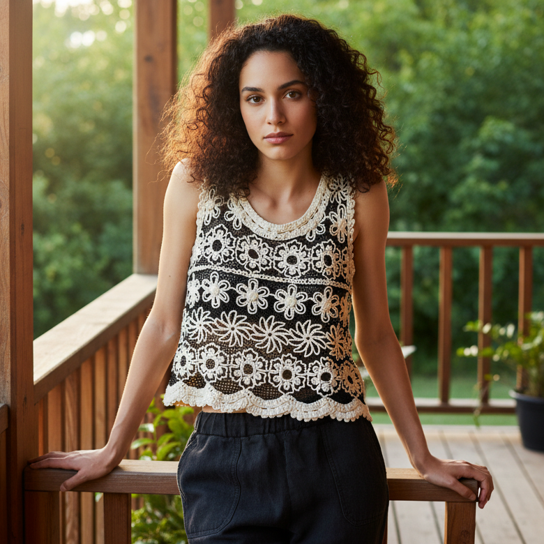 POL Crochet Openwork Floral Tank Top Round Neck Cropped Sleeveless Boho Shirt Cream Black